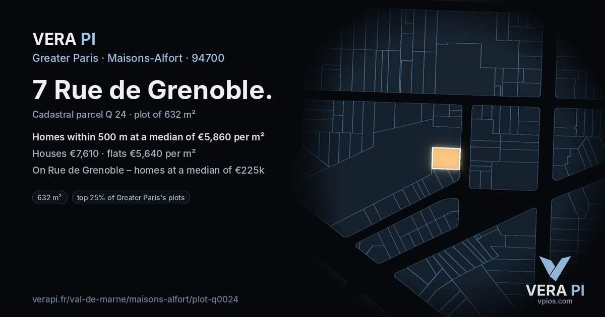 7 Rue de Grenoble, Maisons-Alfort at night – the plot lit, the parcels around coloured by the prices near them