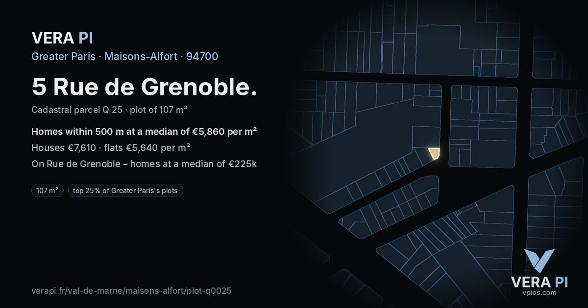 5 Rue de Grenoble, Maisons-Alfort at night – the plot lit, the parcels around coloured by the prices near them