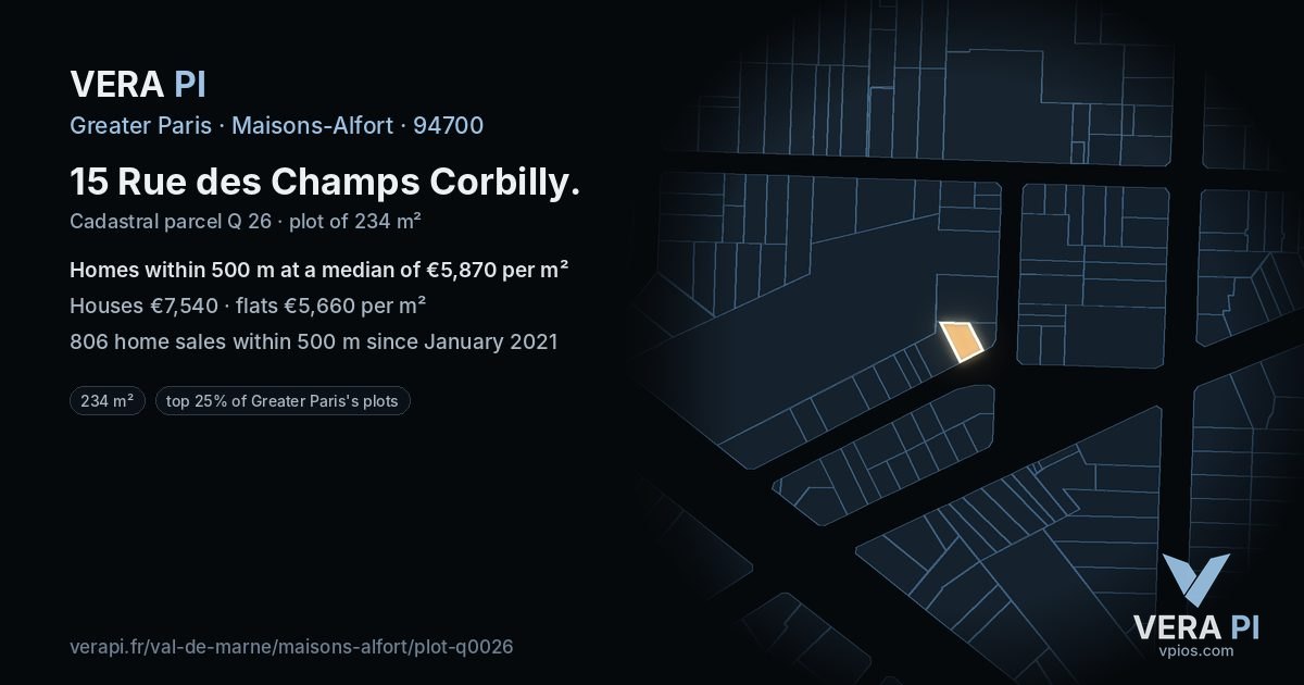 15 Rue des Champs Corbilly, Maisons-Alfort at night – the plot lit, the parcels around coloured by the prices near them