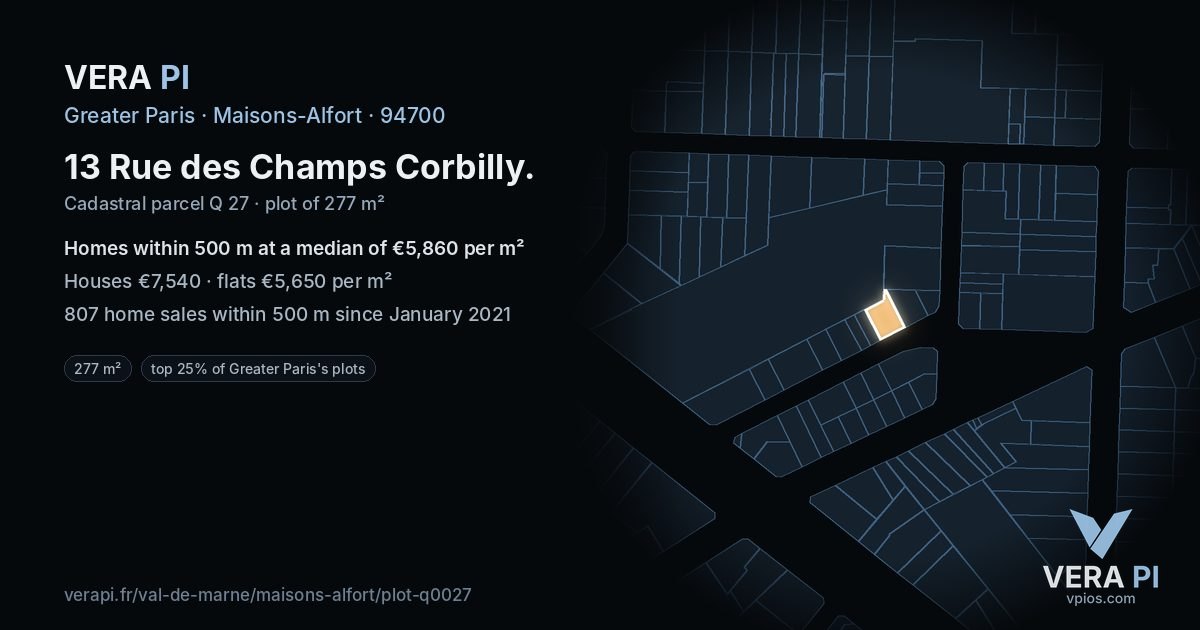 13 Rue des Champs Corbilly, Maisons-Alfort at night – the plot lit, the parcels around coloured by the prices near them