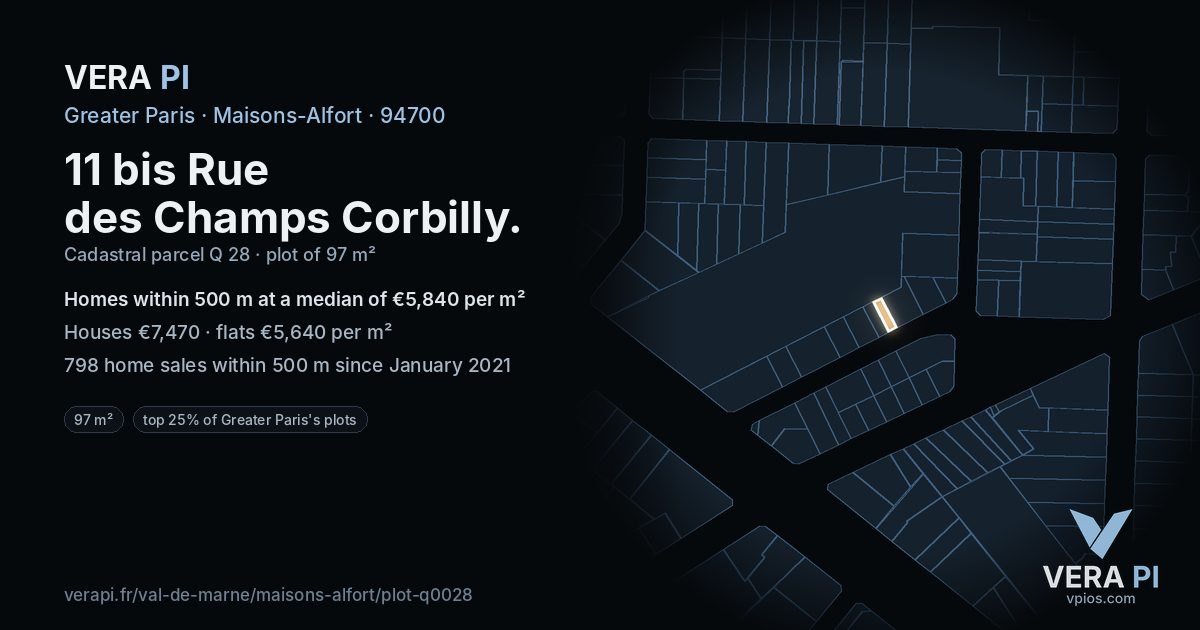 11 bis Rue des Champs Corbilly, Maisons-Alfort at night – the plot lit, the parcels around coloured by the prices near them