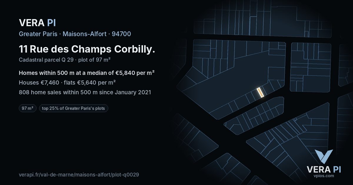 11 Rue des Champs Corbilly, Maisons-Alfort at night – the plot lit, the parcels around coloured by the prices near them