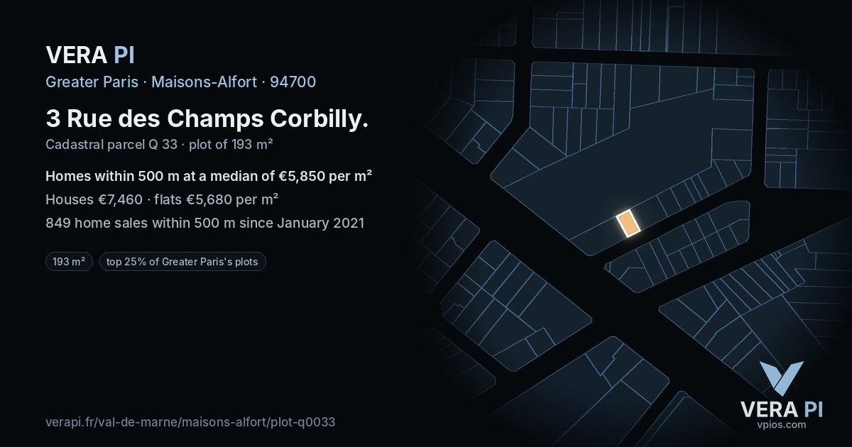 3 Rue des Champs Corbilly, Maisons-Alfort at night – the plot lit, the parcels around coloured by the prices near them