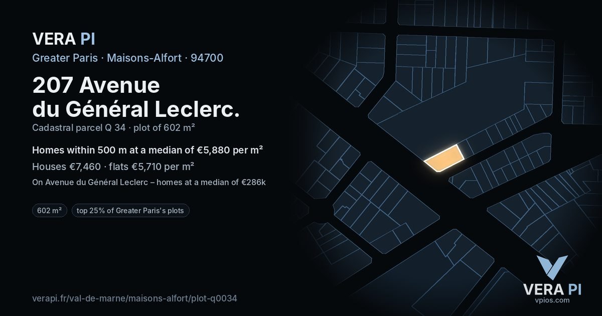 207 Avenue du Général Leclerc, Maisons-Alfort at night – the plot lit, the parcels around coloured by the prices near them