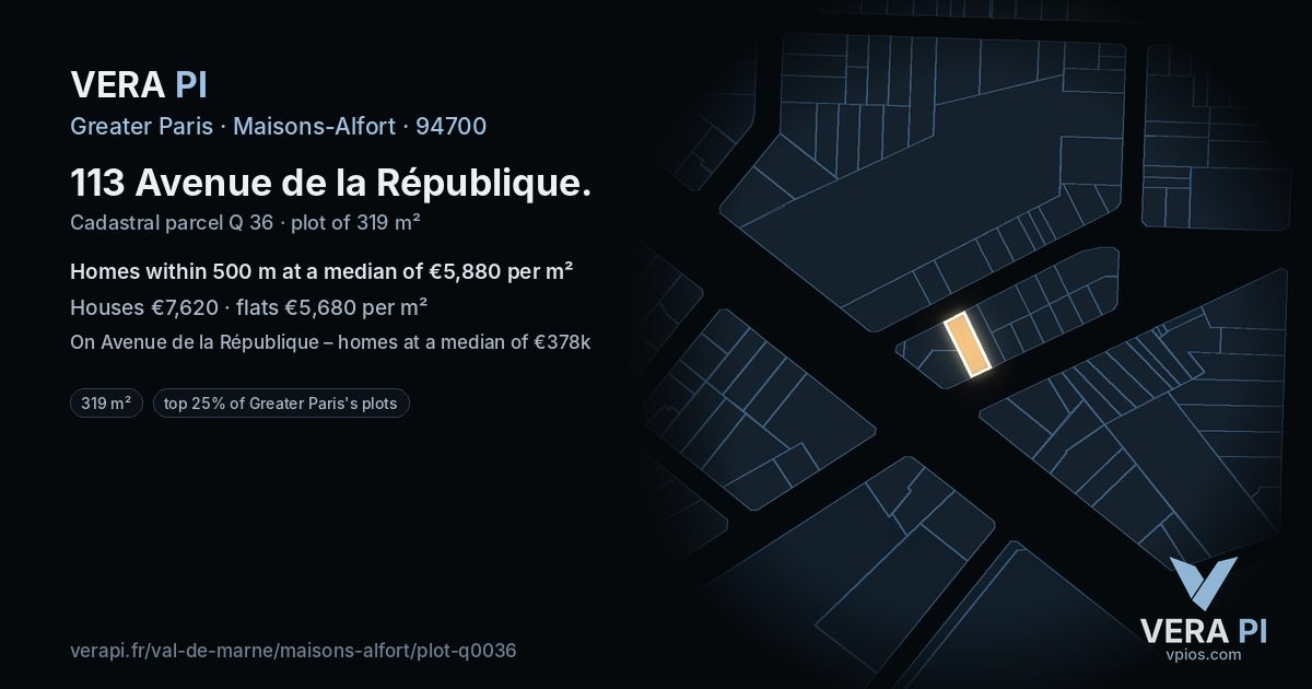 113 Avenue de la République, Maisons-Alfort at night – the plot lit, the parcels around coloured by the prices near them
