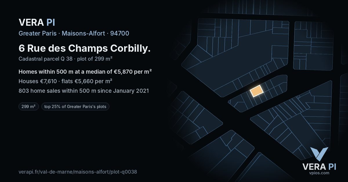 6 Rue des Champs Corbilly, Maisons-Alfort at night – the plot lit, the parcels around coloured by the prices near them
