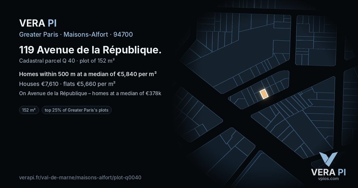 119 Avenue de la République, Maisons-Alfort at night – the plot lit, the parcels around coloured by the prices near them