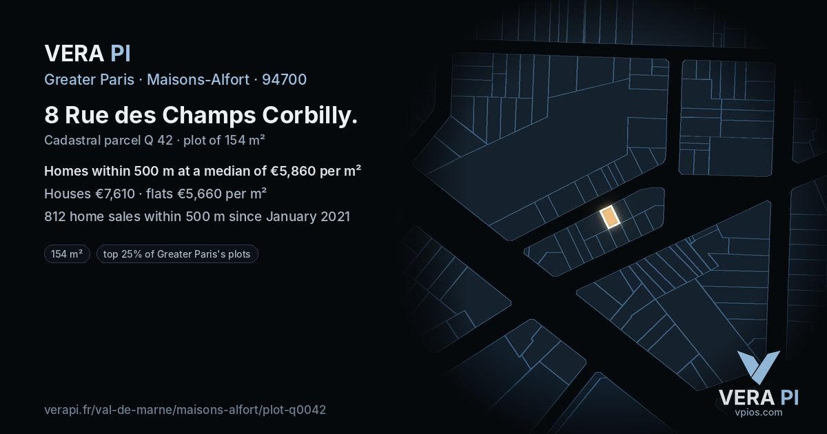 8 Rue des Champs Corbilly, Maisons-Alfort at night – the plot lit, the parcels around coloured by the prices near them