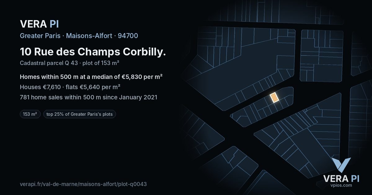 10 Rue des Champs Corbilly, Maisons-Alfort at night – the plot lit, the parcels around coloured by the prices near them