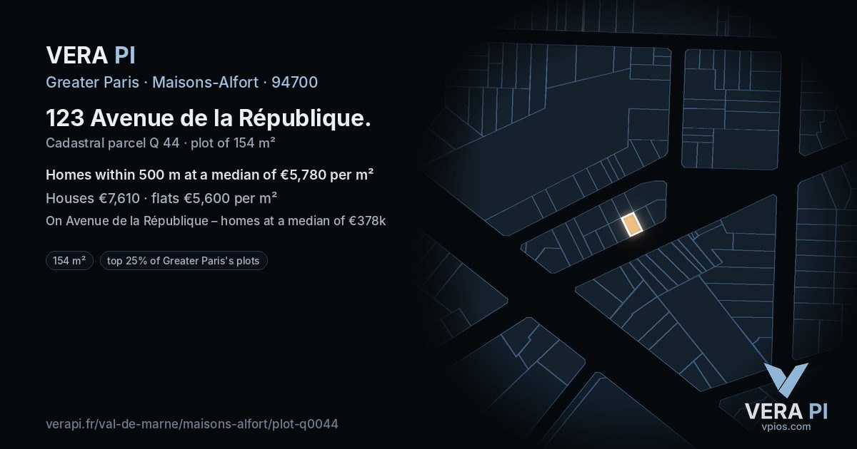 123 Avenue de la République, Maisons-Alfort at night – the plot lit, the parcels around coloured by the prices near them