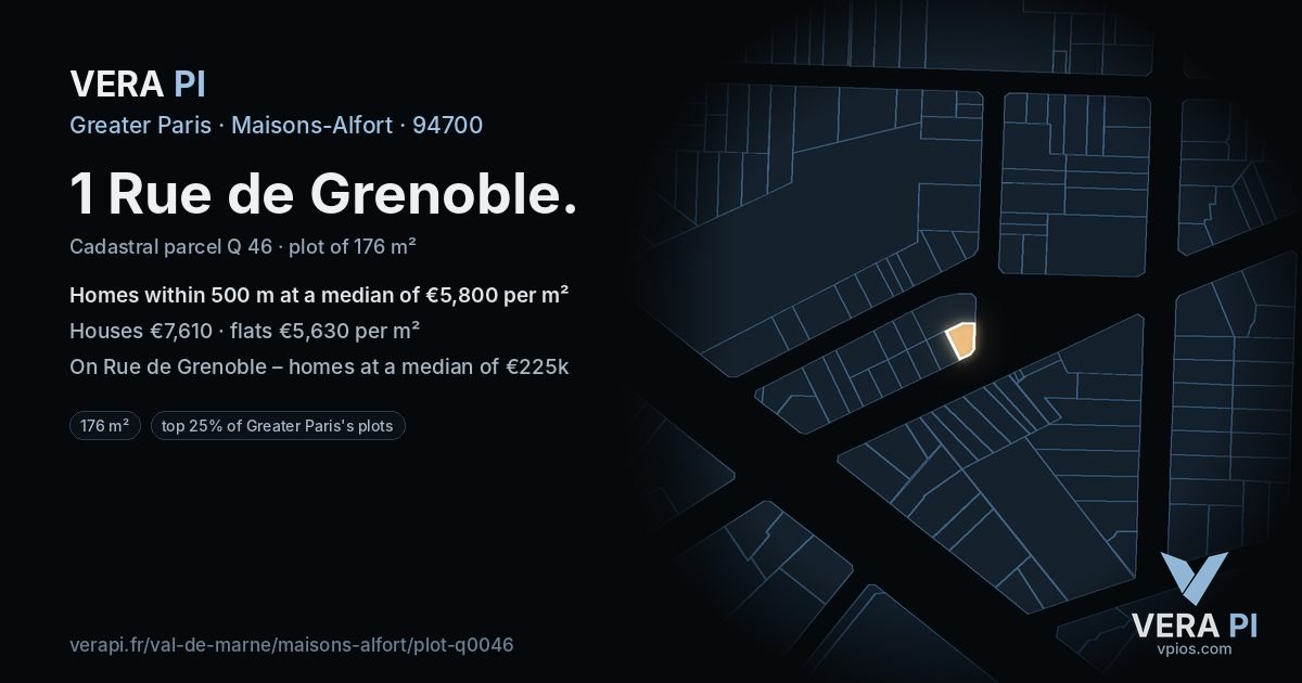 1 Rue de Grenoble, Maisons-Alfort at night – the plot lit, the parcels around coloured by the prices near them
