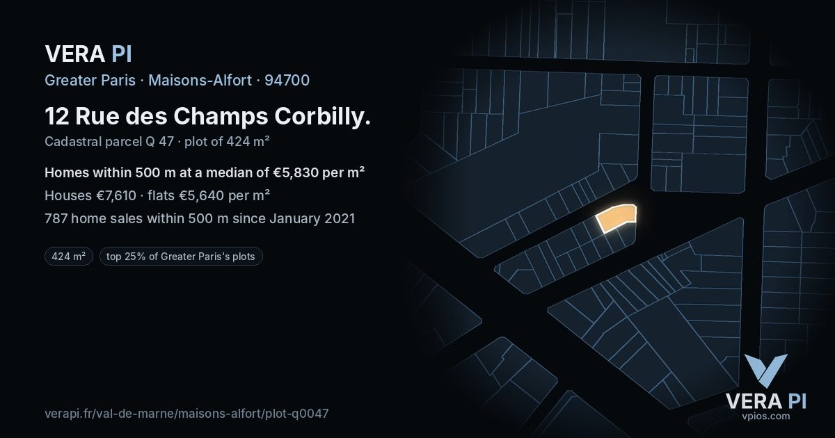 12 Rue des Champs Corbilly, Maisons-Alfort at night – the plot lit, the parcels around coloured by the prices near them