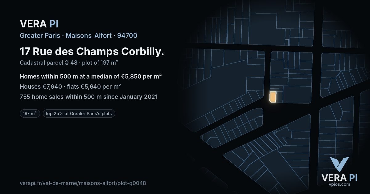 17 Rue des Champs Corbilly, Maisons-Alfort at night – the plot lit, the parcels around coloured by the prices near them