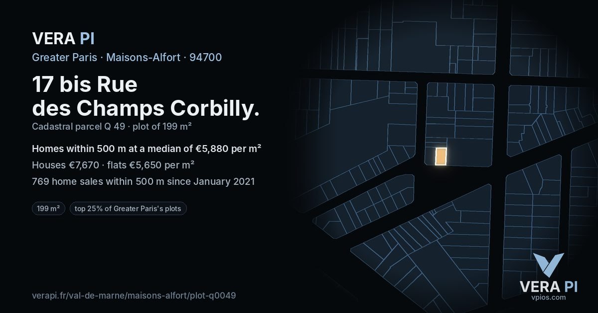 17 bis Rue des Champs Corbilly, Maisons-Alfort at night – the plot lit, the parcels around coloured by the prices near them