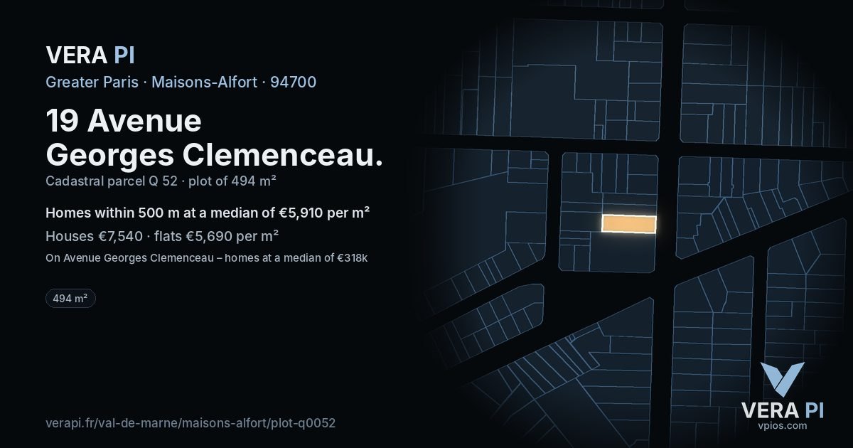 19 Avenue Georges Clemenceau, Maisons-Alfort at night – the plot lit, the parcels around coloured by the prices near them