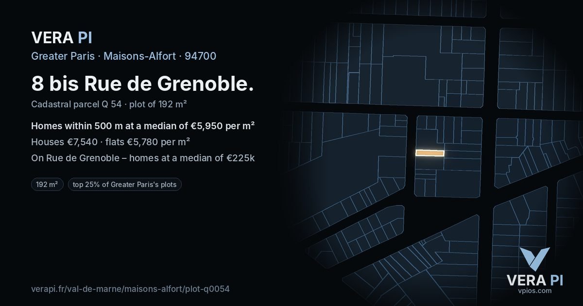8 bis Rue de Grenoble, Maisons-Alfort at night – the plot lit, the parcels around coloured by the prices near them