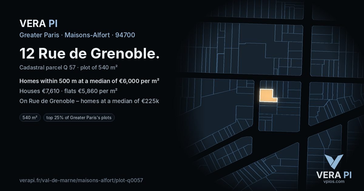 12 Rue de Grenoble, Maisons-Alfort at night – the plot lit, the parcels around coloured by the prices near them