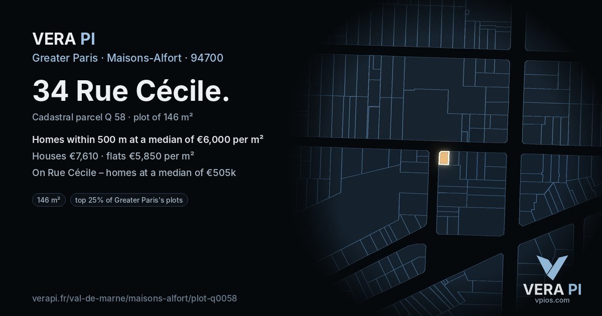 34 Rue Cécile, Maisons-Alfort at night – the plot lit, the parcels around coloured by the prices near them