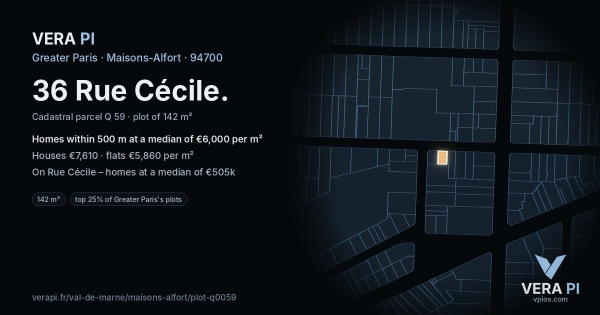 36 Rue Cécile, Maisons-Alfort at night – the plot lit, the parcels around coloured by the prices near them