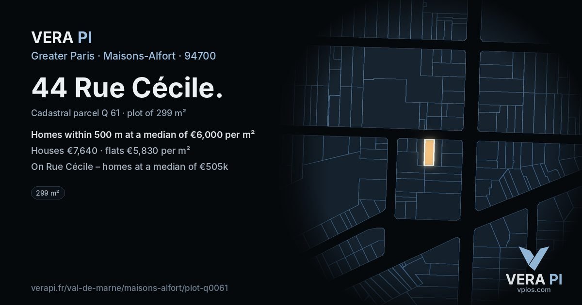 44 Rue Cécile, Maisons-Alfort at night – the plot lit, the parcels around coloured by the prices near them