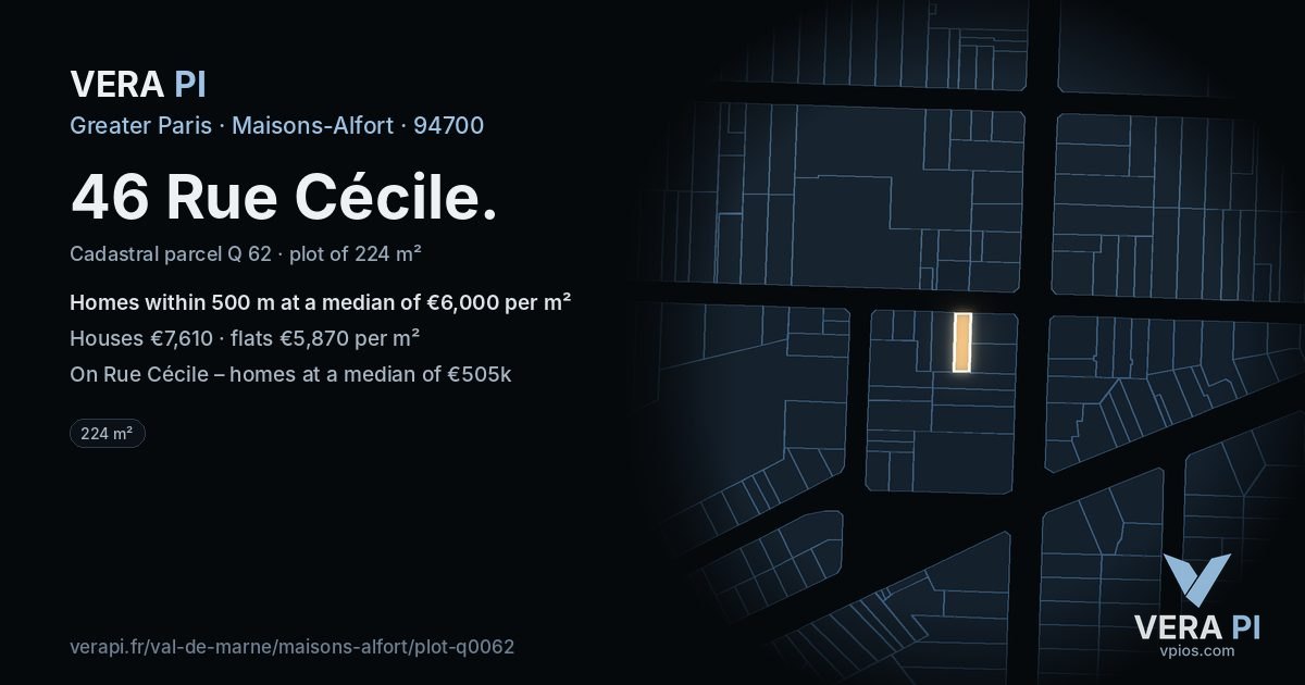 46 Rue Cécile, Maisons-Alfort at night – the plot lit, the parcels around coloured by the prices near them