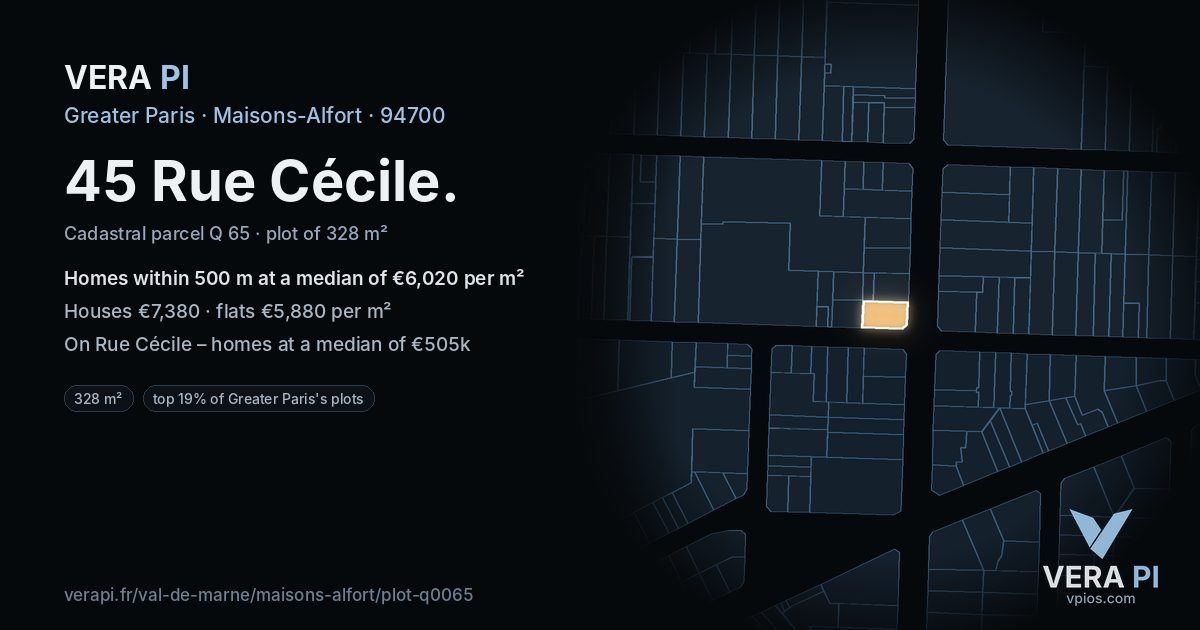 45 Rue Cécile, Maisons-Alfort at night – the plot lit, the parcels around coloured by the prices near them