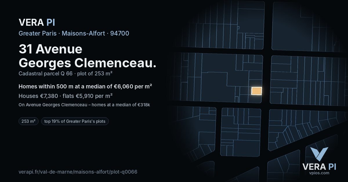 31 Avenue Georges Clemenceau, Maisons-Alfort at night – the plot lit, the parcels around coloured by the prices near them