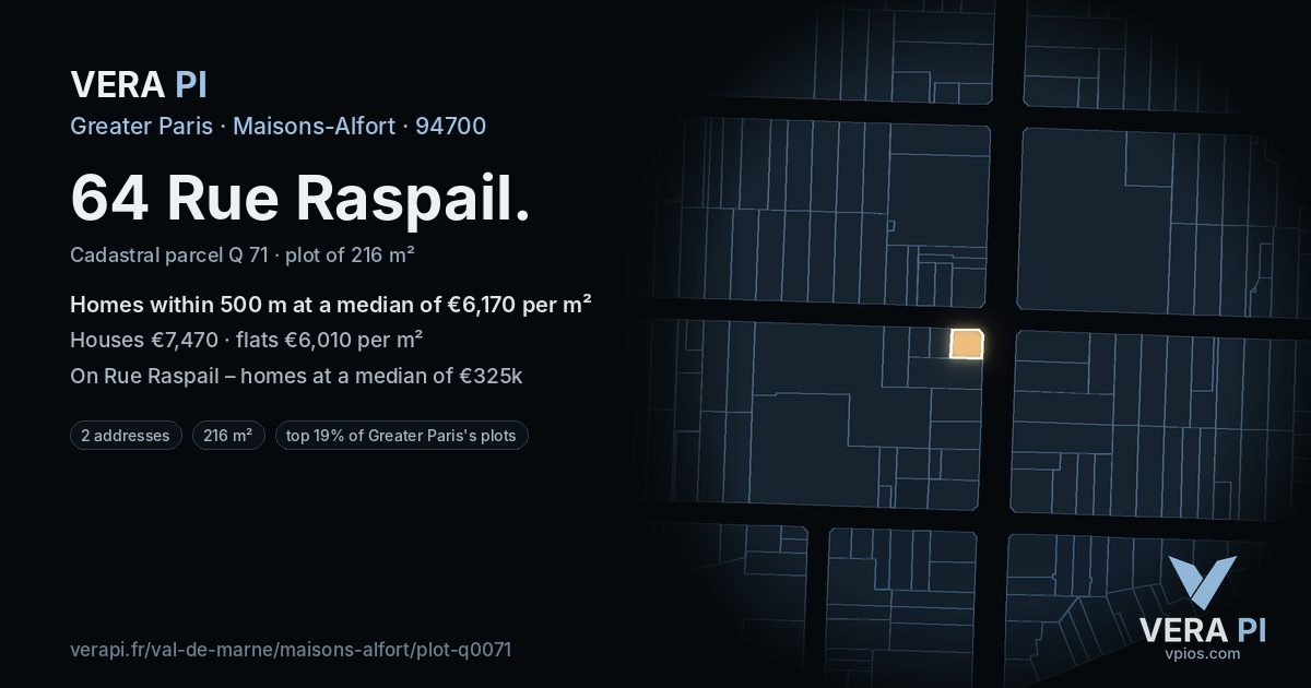 64 Rue Raspail, Maisons-Alfort at night – the plot lit, the parcels around coloured by the prices near them