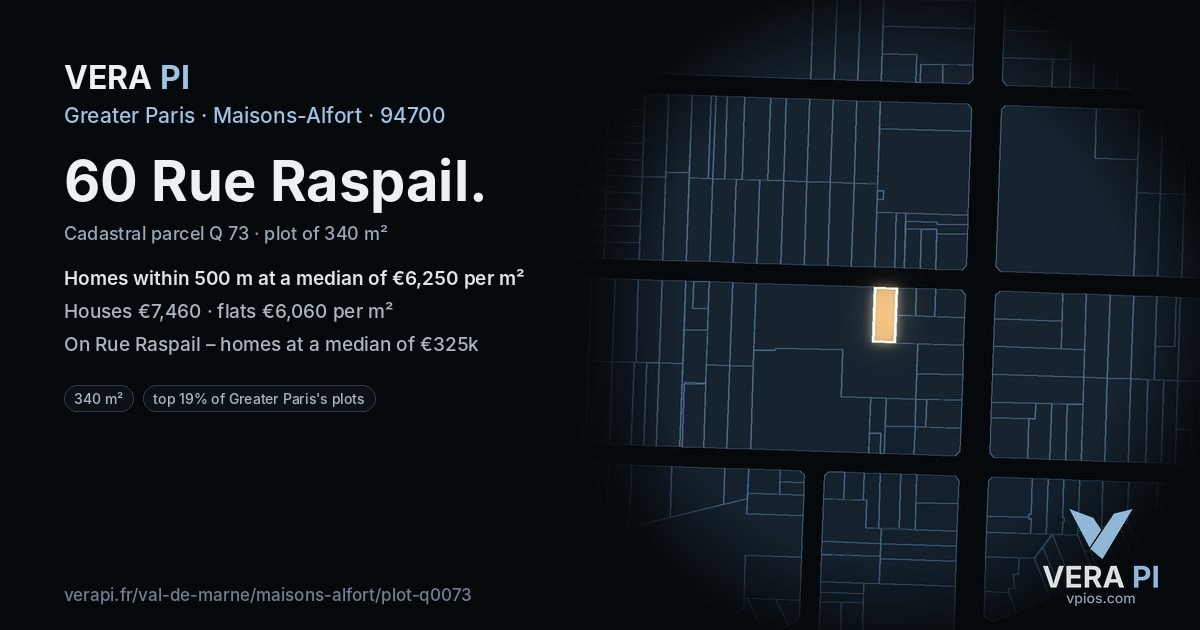 60 Rue Raspail, Maisons-Alfort at night – the plot lit, the parcels around coloured by the prices near them