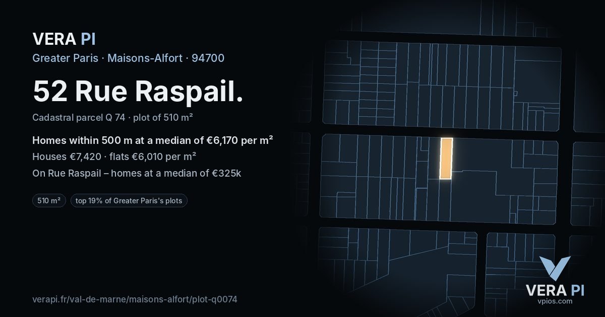 52 Rue Raspail, Maisons-Alfort at night – the plot lit, the parcels around coloured by the prices near them