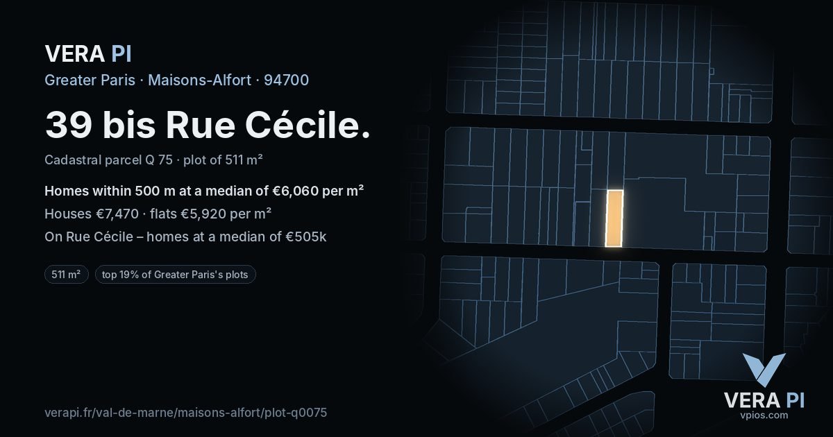 39 bis Rue Cécile, Maisons-Alfort at night – the plot lit, the parcels around coloured by the prices near them