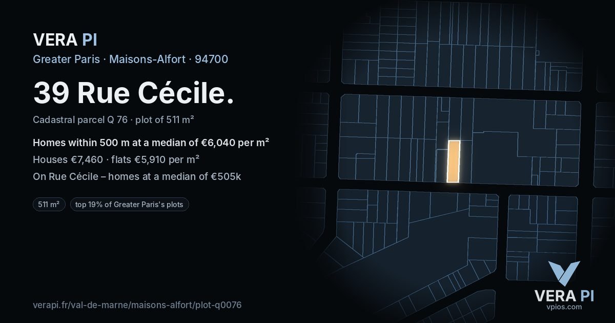 39 Rue Cécile, Maisons-Alfort at night – the plot lit, the parcels around coloured by the prices near them