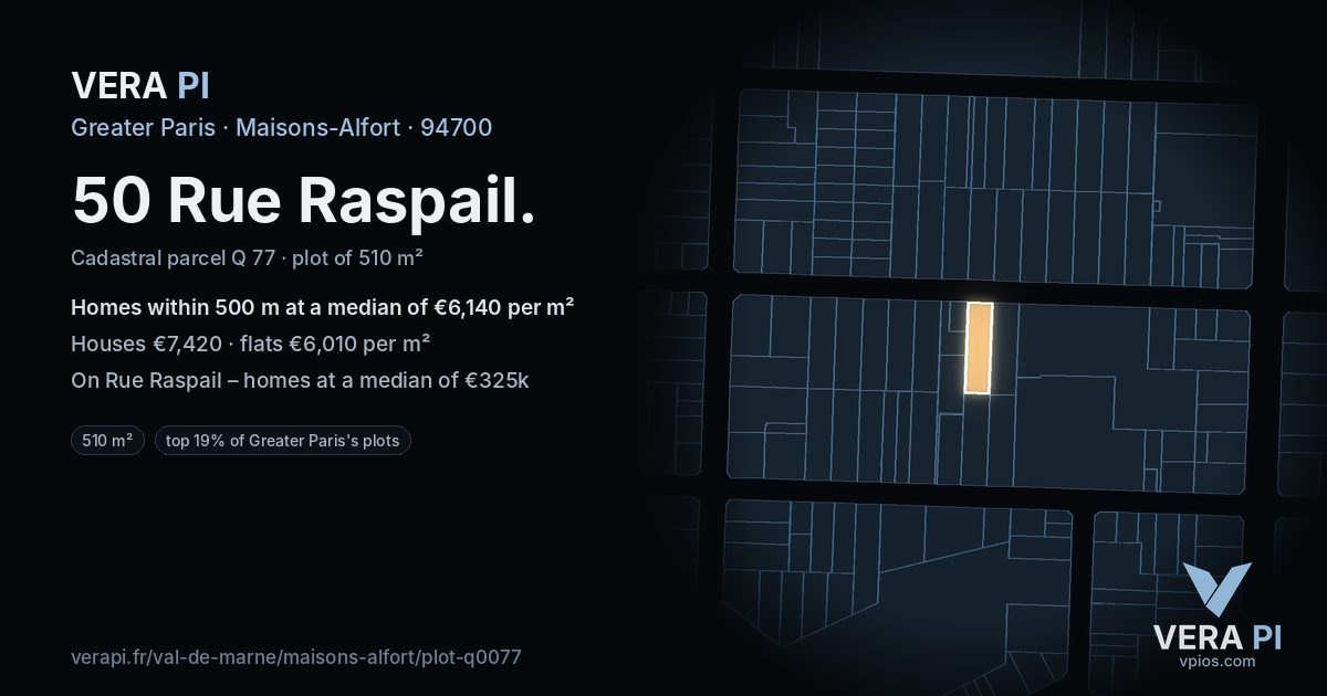 50 Rue Raspail, Maisons-Alfort at night – the plot lit, the parcels around coloured by the prices near them