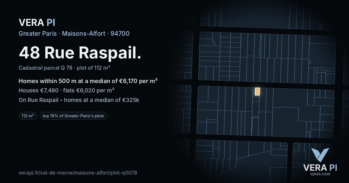 48 Rue Raspail, Maisons-Alfort at night – the plot lit, the parcels around coloured by the prices near them