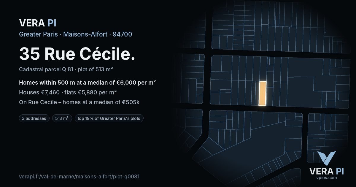 35 Rue Cécile, Maisons-Alfort at night – the plot lit, the parcels around coloured by the prices near them