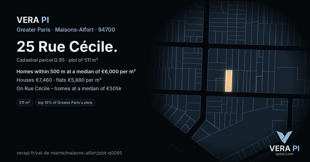 25 Rue Cécile, Maisons-Alfort at night – the plot lit, the parcels around coloured by the prices near them