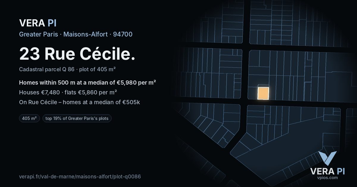 23 Rue Cécile, Maisons-Alfort at night – the plot lit, the parcels around coloured by the prices near them