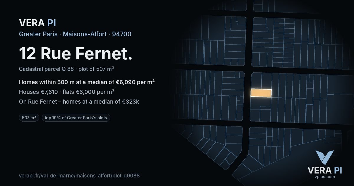 12 Rue Fernet, Maisons-Alfort at night – the plot lit, the parcels around coloured by the prices near them