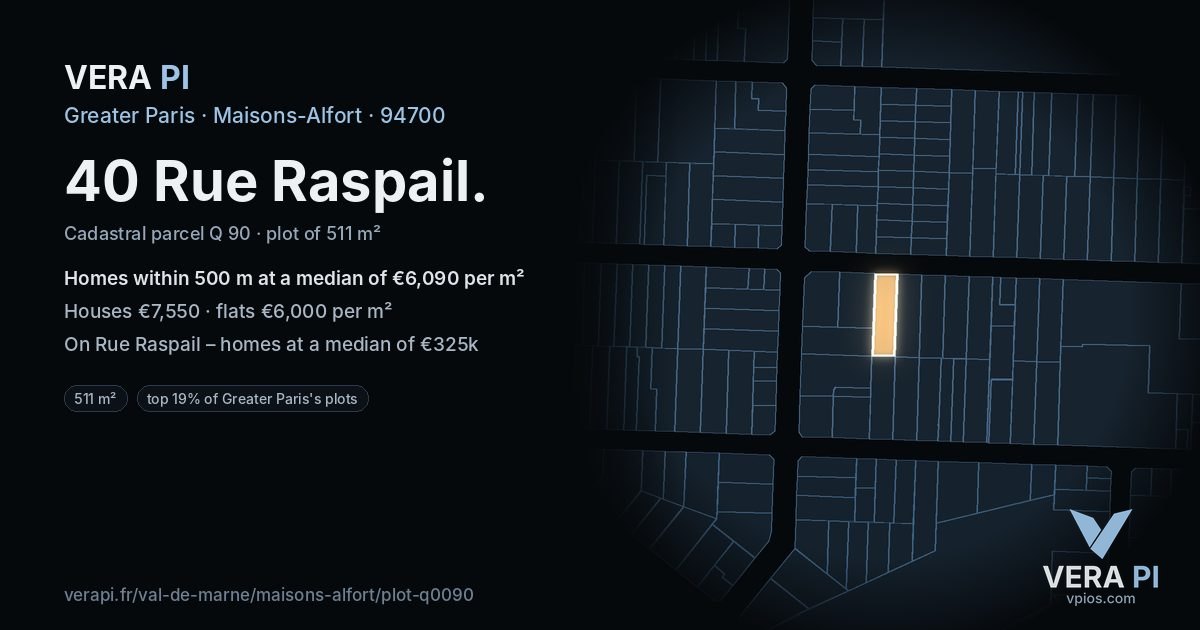 40 Rue Raspail, Maisons-Alfort at night – the plot lit, the parcels around coloured by the prices near them