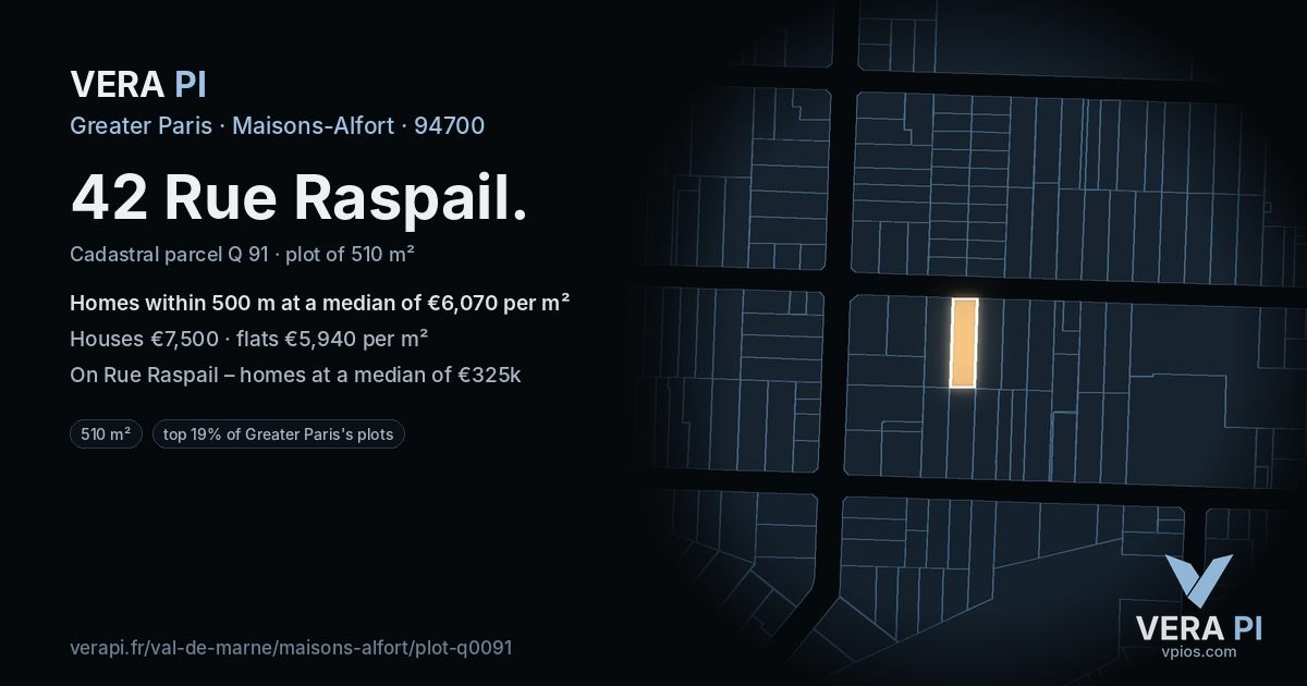42 Rue Raspail, Maisons-Alfort at night – the plot lit, the parcels around coloured by the prices near them