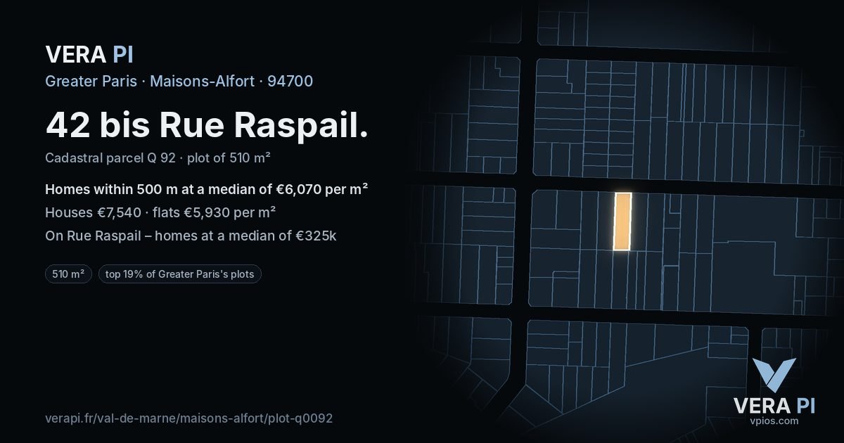42 bis Rue Raspail, Maisons-Alfort at night – the plot lit, the parcels around coloured by the prices near them