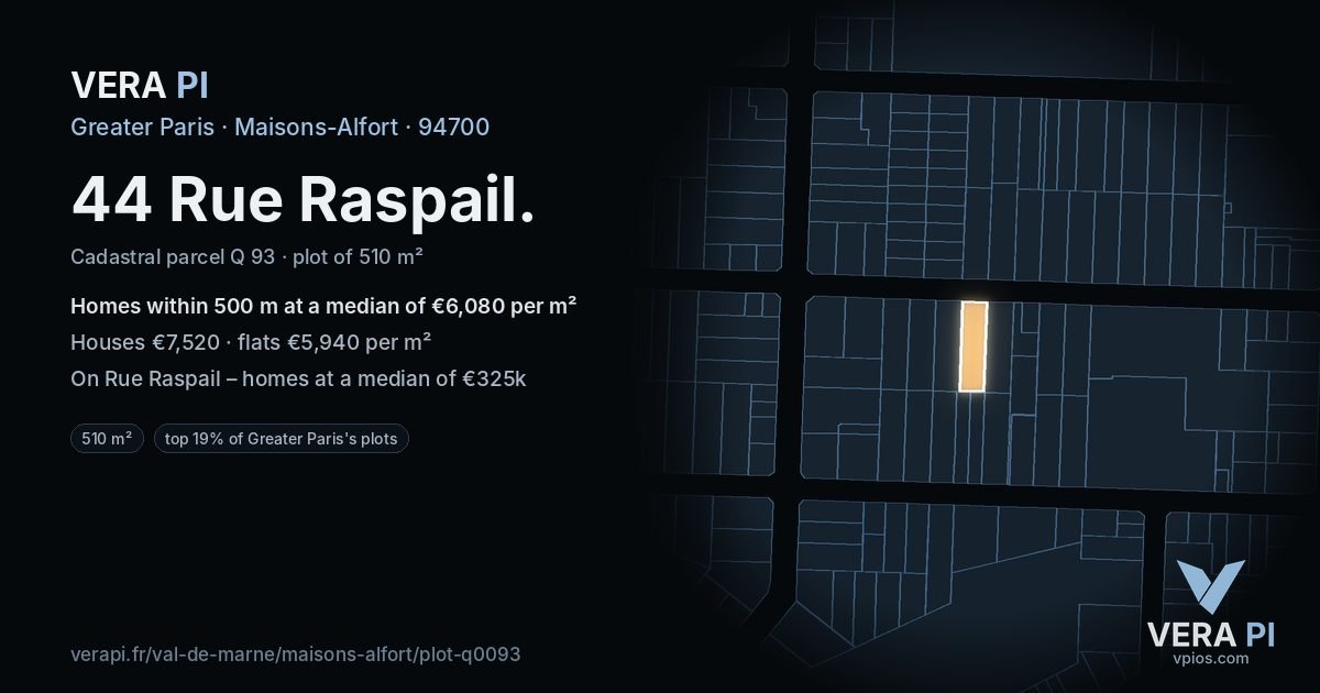 44 Rue Raspail, Maisons-Alfort at night – the plot lit, the parcels around coloured by the prices near them