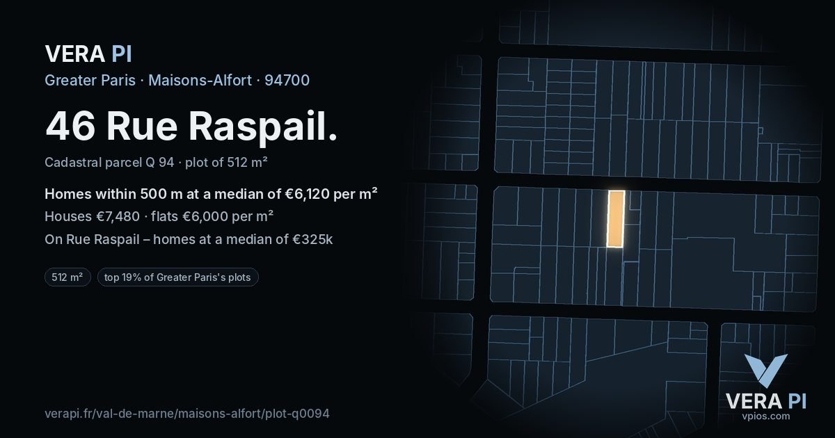 46 Rue Raspail, Maisons-Alfort at night – the plot lit, the parcels around coloured by the prices near them