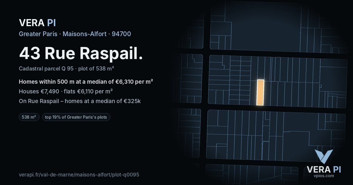 43 Rue Raspail, Maisons-Alfort at night – the plot lit, the parcels around coloured by the prices near them
