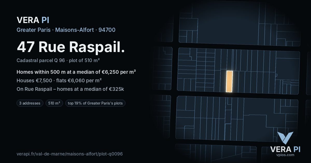 47 Rue Raspail, Maisons-Alfort at night – the plot lit, the parcels around coloured by the prices near them