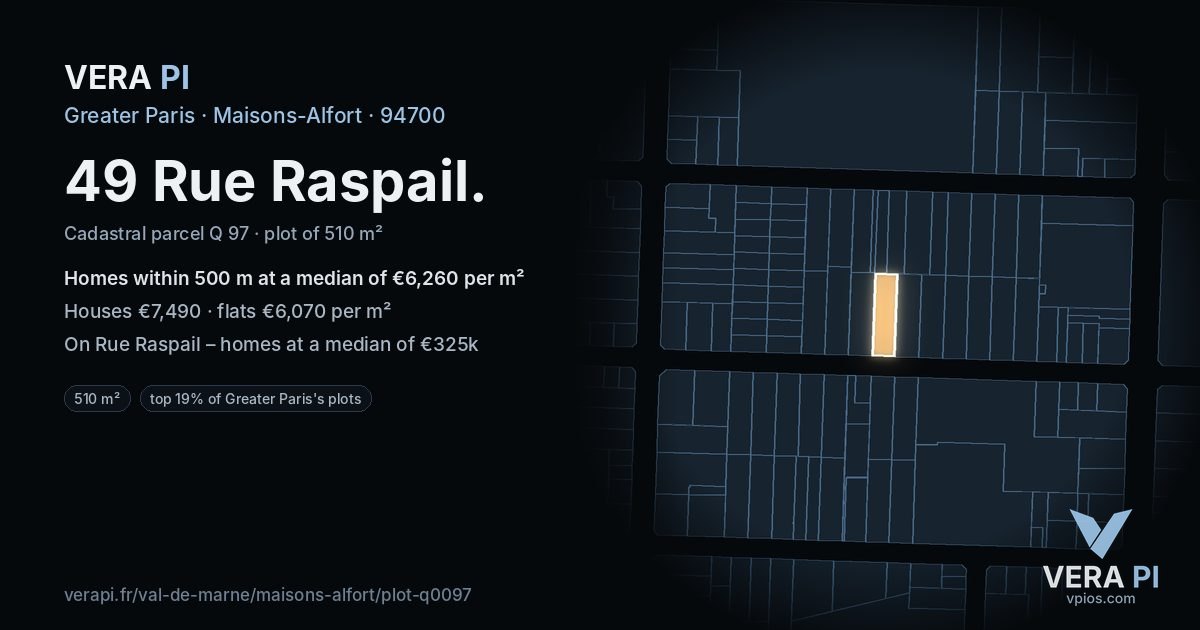 49 Rue Raspail, Maisons-Alfort at night – the plot lit, the parcels around coloured by the prices near them