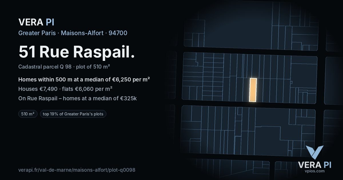 51 Rue Raspail, Maisons-Alfort at night – the plot lit, the parcels around coloured by the prices near them