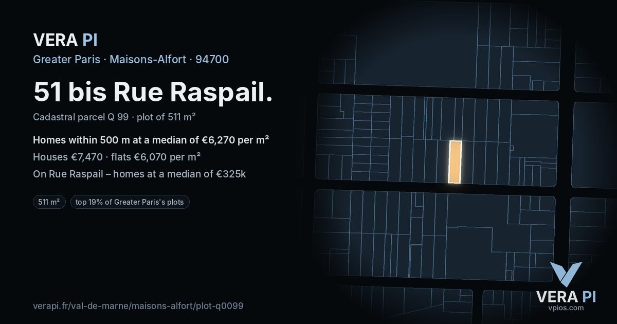 51 bis Rue Raspail, Maisons-Alfort at night – the plot lit, the parcels around coloured by the prices near them