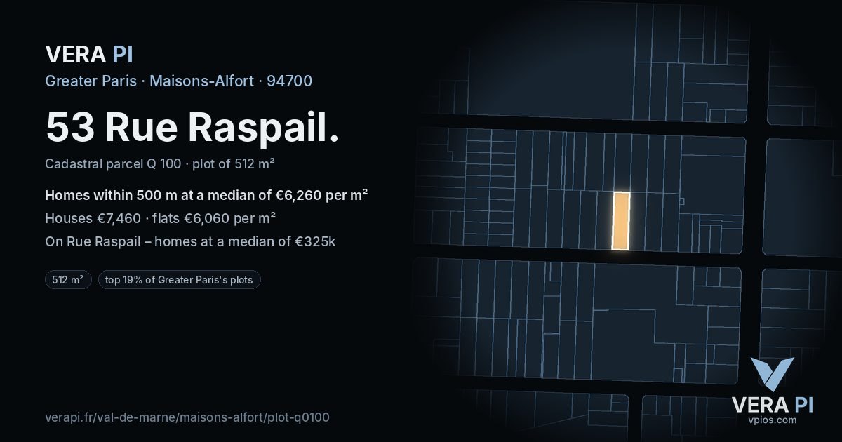 53 Rue Raspail, Maisons-Alfort at night – the plot lit, the parcels around coloured by the prices near them