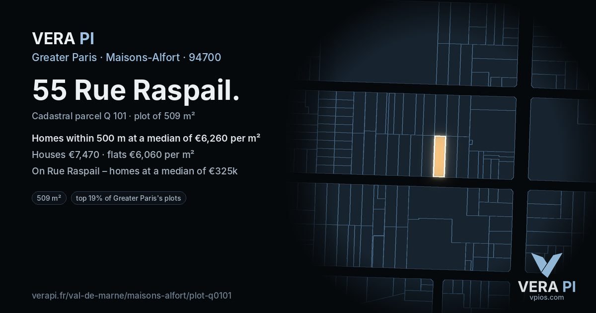 55 Rue Raspail, Maisons-Alfort at night – the plot lit, the parcels around coloured by the prices near them